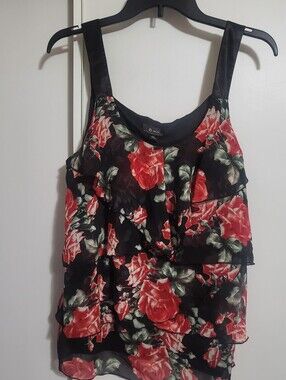 Xhilaration Black Floral Ruffle Camisole with Red Rose Print
